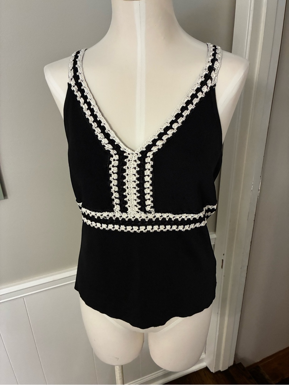 White House Black Market Black Tank with White Crochet Trim